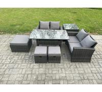 Fimous 7 Seater High Back Outdoor Garden Furniture Rattan Sofa Dining Table Set with 3 Footstools Side Table Dark Grey Mixed