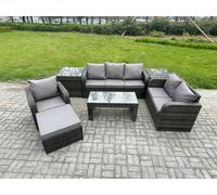 7 Seater High Back Rattan Garden Furniture Set with Loveseat Sofa Rectangular Coffee Table 2 Side Tables Indoor Outdoor Patio Lounge Sofa Set Fimous Dark Grey One Size