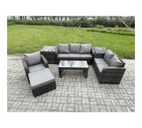 7 Seater High Back Rattan Garden Furniture Set with Loveseat Sofa Rectangular Coffee Table 2 Side Tables Indoor Outdoor Patio Lounge Sofa Set Fimous Dark Grey One Size