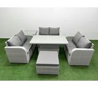 Fimous 7 Seater PE Wicker Rattan Furniture Sofa Sets with Adjustable Lifting Dining or Coffee Table Big Footstool Side Table Light Grey