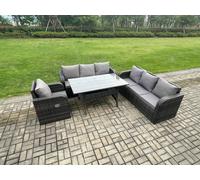 Fimous 7 Seater Lounge Rattan Sofa Set Outdoor Garden Furniture Oblong Rectangular Dining Table With Adjustable Chair Dark Grey Mixed