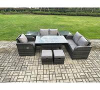 Fimous 7 Seater Dark Grey Mixed Rattan Outdoor Dining Set - Oblong/Rectangular Table, Chairs, 2 Small Footstools & 2 Side Tables