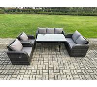 Fimous 7 Seater Lounge Rattan Sofa Set Outdoor Garden Furniture Oblong Rectangular Dining Table With Adjustable Chair Love Sofa Dark Grey Mixed