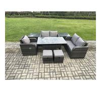 Fimous 7 Seater Dark Grey Mixed Rattan Outdoor Dining Set - Oblong/Rectangular Table, Chairs, 2 Small Footstools & 2 Side Tables
