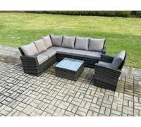 Fimous 7 Seater Outdoor Furniture Garden Dining Set Rattan Corner Sofa Set With Square Coffee Table Armchair Dark Grey Mixed