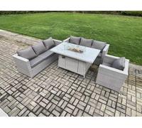 7 Seater Outdoor Garden Dining Sets Rattan Furniture Gas Fire Pit Dining Table Gas Heater with Armchair Light Grey Fimous Light Grey One Size