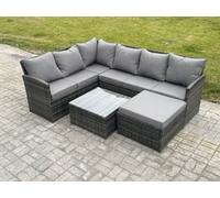 Fimous 7 Seater Outdoor Garden Furniture Set Wicker PE Rattan Corner Sofa Set with Square Coffee Table Big Footstool Dark Grey Mixed