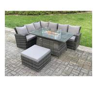 Fimous 7 Seater?Outdoor High Back Rattan Gas Fire Pit Corner Sofa Dining Set Garden Furniture Heater Dining Table Dark Grey Mixed Left Side