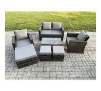 Fimous 7-Seater Outdoor Lounge Sofa Set - Dark Grey Mixed PE Wicker Rattan Garden Furniture with Rectangular Coffee Table & 3 Footstools