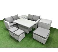 Fimous 7 Seater Outdoor Love Sofa Set Rattan Garden Furniture Set with Adjustable Lifting Dining or Coffee Table 3 Footstool 2 Side Tables Light Grey