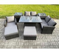 Fimous 7 Seater Outdoor Rattan Patio Furniture Set Garden Height Adjustable Rising Lifting Table Sofa Dining Set with 2 Side Tables 2 Big Footstool Fimous Dark Grey