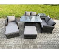 Fimous 7 Seater Outdoor Rattan Patio Furniture Set Garden Height Adjustable Rising Lifting Table Sofa Dining Sofa Set with Side Table 2 Big Footstool Fimous Dark Grey