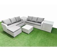 Fimous 7 Seater Outdoor Rattan Set, Wicker, Square Coffee Table, High Back Lounge Sofa, Big Footstool and 2 Side Tables, Light Grey