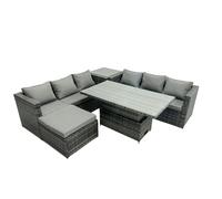 Fimous 7 Seater?Outdoor Rattan Sofa Set Adjustable Rising Lifting Dining Table Side Tea Coffee Table Footstool Dark Grey Mixed