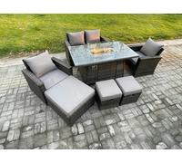 Fimous 7 Seater?Outdoor Rattan Sofa Set Garden Furniture Gas Firepit Dining Table Heater with 3 Footstools Dark Grey Mixed