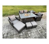 Fimous 7 Seater Outdoor Rattan Sofa Set Garden Furniture Gas Firepit Dining Table Heater with 3 Footstools Side Table Dark Grey Mixed