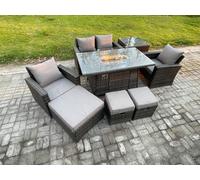 Fimous 7 Seater Outdoor Rattan Sofa Set Garden Furniture Gas Firepit Dining Table Heater with Side Table in Dark Grey Fimous Dark Grey