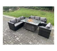 Fimous Outdoor Rattan Garden Furniture Sofa Set Gas Fire Pit Dining Table Gas Heater Burner With Armchair 7 Seater Dark Grey Mixed