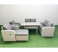 Fimous 7 Seater Outdoor Reclining Chair Love Sofa Set Rattan Garden Furniture Set with Rectangular Dining Table Footstool Light Grey