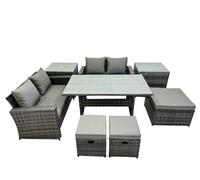 Fimous 7 Seater Wicker PE Rattan Furniture Outdoor Dining Table Double Seat Sofa 2 Side Table 3 Stool Set Dark Grey Mixed