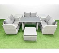 Fimous 7 Seater Patio Garden Furniture Sets with Black Glass Top Dining Table Love Sofa 2 Side Tables Big Stool Light Grey