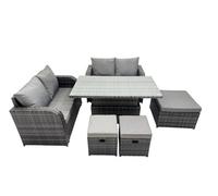 Fimous 7-Seater Patio Height Adjustable Rising Lifting Table Sofa Sets Rattan Garden Furniture Dining Set With 3 Stools