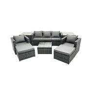 Fimous Outdoor Rattan Garden Furniture Set 7 Seater Patio Lounge Sofa with Armchair Square Coffee Table 2 Side Tables 2 Big Footstool Dark Grey Mixed