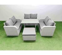 Fimous Rattan Garden Furniture Dining Set 7-Seater Patio Rectangular Table Love Sofa Set With Big Stool