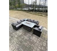 Fimous 7 Seater PE Rattan Corner Sofa Set garden Furniture Gas Firepit Dining Table Set High Side Coffee Table With Arm Chair