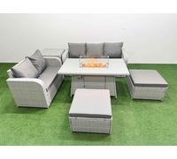 Fimous 7 Seater PE Rattan Wicker Garden Furniture Patio Conservatory Sofa Set with Firepit Dining Table Love Sofa 2 Big Footstool Side Table
