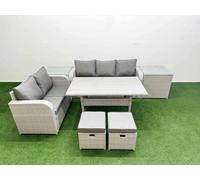 Fimous 7 Seater PE Rattan Wicker Garden Furniture Patio Conservatory Sofa Set w/ Rectangular Dining Table 3 Seater Sofa Love Sofa 2 Stools 2 Side Fimous Light Grey