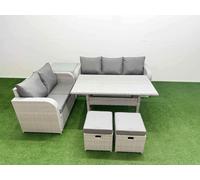 Fimous 7 Seater PE Rattan Wicker Garden Furniture Patio Conservatory Sofa Set w/ Rectangular Dining Table 3 Seater Sofa Love Sofa 2 Stools Side Table Fimous Light Grey