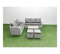 Fimous 7 Seater Pe Rattan Wicker Garden Furniture Set Rectangular Coffee Table 3 Seater Sofa Love Sofa 2 Stools Side Table