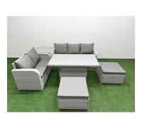 Fimous 7 Seater PE Rattan Wicker Garden Furniture Patio Conservatory Sofa Set with Adjustable Lifting Dining Table 2 Big Footstool Side Table