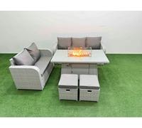 Fimous 7 Seater PE Rattan Wicker Garden Furniture Patio Conservatory Sofa Set with Fire Pit Dining Table 3 Seater Sofa Love Sofa 2 Stools