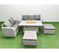 7 Seater PE Rattan Wicker Garden Furniture Patio Conservatory Sofa Set with Firepit Dining Table 3 Seater Sofa Love Sofa 2 Big Footstool Fimous Light Grey One Size