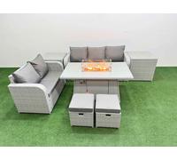 Fimous 7 Seater PE Rattan Wicker Garden Furniture Patio Conservatory Sofa Set with Fire Pit Dining Table 3 Seater Sofa Love Sofa 2 Stools 2 Side Table