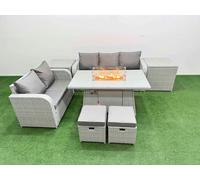 Fimous 7 Seater PE Rattan Wicker Garden Furniture Patio Conservatory Sofa Set with Firepit Dining Table Love Sofa 2 Stools 2 Side Table