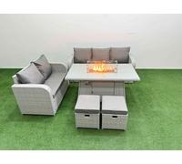 Fimous 7 Seater PE Rattan Wicker Garden Furniture Patio Conservatory Sofa Set with Firepit Dining Table 3 Seater Sofa Love Sofa 2 Stools in Light Grey Fimous Light Grey