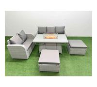 Fimous 7 Seater PE Rattan Wicker Garden Furniture Patio Conservatory Sofa Set with Firepit Dining Table Love Sofa 2 Big Footstool