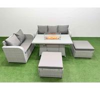 7 Seater PE Rattan Wicker Garden Furniture Patio Conservatory Sofa Set with Firepit Dining Table 3 Seater Sofa Love Sofa 2 Big Footstool Fimous Light Grey One Size