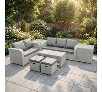 Fimous 7 Seater PE Rattan Wicker Garden Furniture Patio Conservatory Sofa Set with Oblong Coffee Table 3 Seater Sofa Love Sofa 2 Stools 2 Side Table