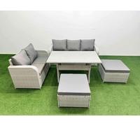 Fimous 7 Seater PE Rattan Wicker Garden Furniture Patio Conservatory Sofa Set with Rectangular Dining Table 3 Seater Sofa Love Sofa 2 Big Footstool Fimous Light Grey