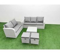 Fimous 7 Seater PE Rattan Wicker Garden Furniture Patio Conservatory Sofa Set with Square Coffee Table 3 Seater Sofa Love Sofa 2 Stools in Light Grey Fimous Light Grey