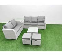 Fimous 7 Seater PE Rattan Wicker Garden Furniture Patio Conservatory Sofa Set with Square Coffee Table 3 Seater Sofa Love Sofa 2 Stools Side Table Fimous Light Grey