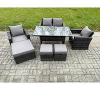 Fimous 7 Seater PE Wicker Outdoor Garden Furniture Set Patio Furniture Rattan Rectangular Dining Table Lounge Sofa with 3 Footstools