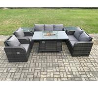 Fimous 7 Seater PE Wicker Outdoor Rattan Garden Furniture Set Propane Gas Fire Pit Table and Sofa Chair set with 2 Side Tables