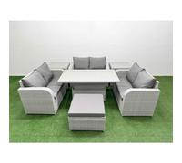 Fimous 7 Seater Light Grey PE Wicker Rattan Sofa Set - Adjustable Lifting Dining/Coffee Table, 2-Seater Loveseat & Footstool