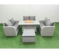 Fimous 7 Seater PE Wicker Rattan Furniture Sofa Sets with Firepit Dining Table 2 Seater Love Sofa Big Footstool Light Grey Fimous Light Grey