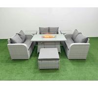 Fimous 7 Seater PE Wicker Rattan Furniture Sofa Sets with Firepit Dining Table 2 Seater Love Sofa Big Footstool 2 Side Table Light Grey Fimous Light Grey